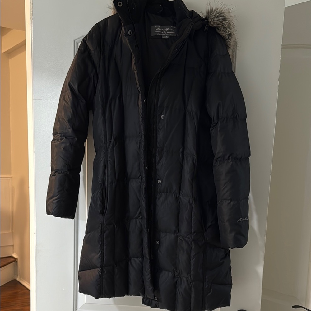 Eddie Bauer Black Puffer Coat with Faux Fur Hood